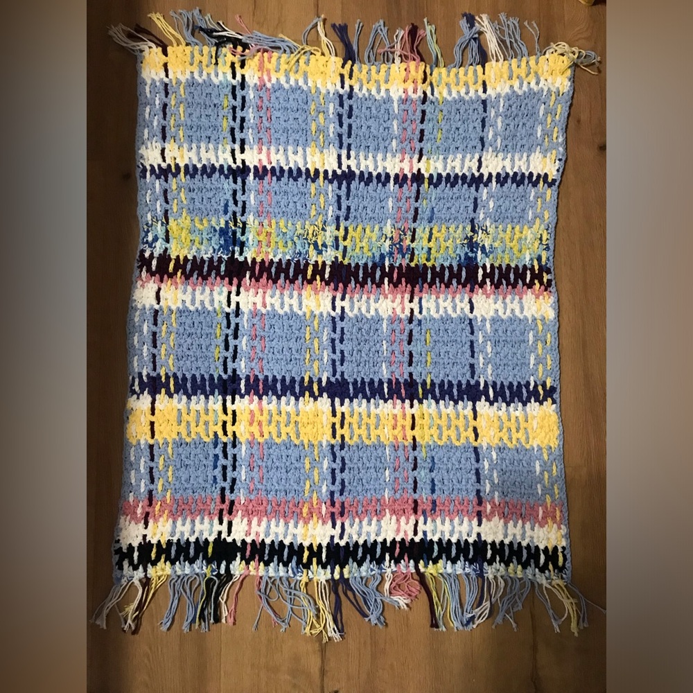 Handmade Crocheted Rug 38 x 28 Cotton Blue White Yellow Pink
